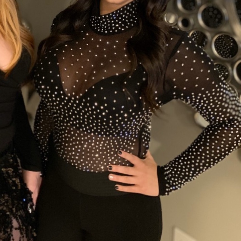 Silver rhinestone black mesh body suit